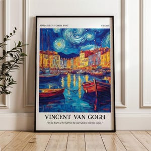 Impresión de arte mural de Van Gogh con la noche estrellada, póster del puerto de Marsella, obra de arte impresionista, descarga digital de Van Gogh, pintura náutica