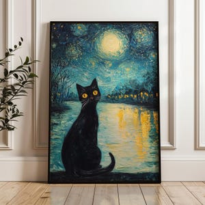 Sternenhimmel Katze Druck - Van Gogh inspirierte Katzen Wandkunst, wunderlicher Sternenhimmel digitaler Download für Wohnkultur