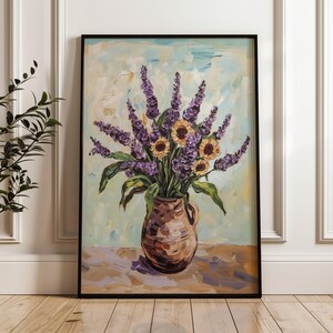 Póster de jarrón floral de Van Gogh: ramo morado y amarillo, arte imprimible, bodegón rústico para decoración de pared vintage con naturaleza.