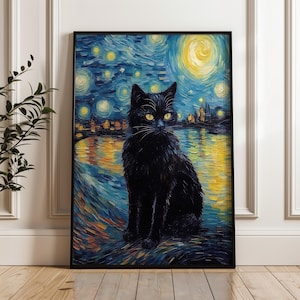Van Gogh Black Cat Poster – Starry Night Style Printable Wall Art, Whimsical Pet Painting Download for Cozy Gallery Decor