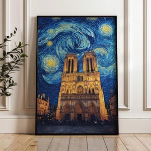 Van Gogh Notre-Dame Poster - Sternennacht Pariser Kathedrale druckbare Kunst, gotische Architektur-Wanddekor für französische Reise-Interieurs