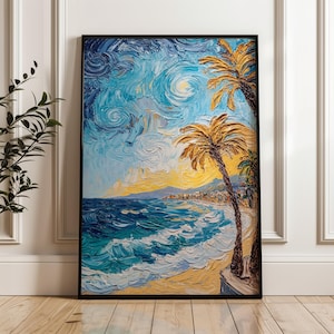 Van Gogh Beach Poster – Sternenhimmel Küstendruckbare Kunst mit Palmen, mediterrane Sommer-Wanddekoration für Boho und tropische Häuser