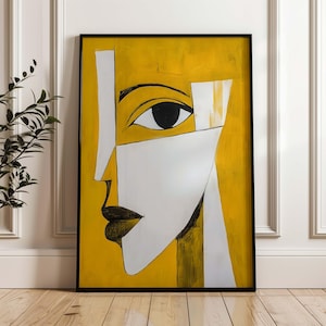 Pablo Picasso Abstract Face Digital Poster – Arte de parede cubista para impressão, retrato minimalista moderno, decoração de casa amarela