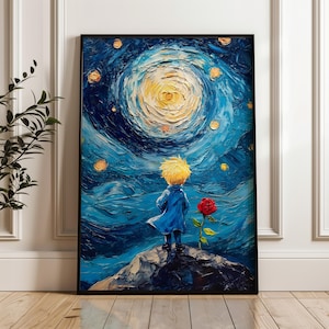 Van Gogh Kleiner Prinz Poster - Sternennacht inspirierte druckbare Kunst mit roter Rose, wunderliche Kinderwanddekoration für verträumte Interieurs