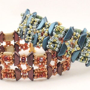 May include: Two beaded bracelets, one in shades of brown and red, and the other in shades of blue, green, and gold.
