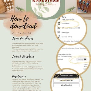 May include: A guide on how to download digital files from Etsy purchases. The guide includes instructions on how to download from your purchases, initial purchase, and a disclosure section. The guide also includes a screenshot of the Etsy website showing the download button.