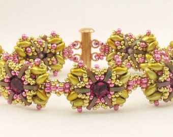 May include: A gold and pink beaded bracelet with a starburst design. The bracelet is made with small seed beads and features a central ruby-colored stone.