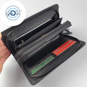 Long portefeuille en cuir noir fait main - Organiseur à plusieurs compartiments avec rabat et fermeture à glissière