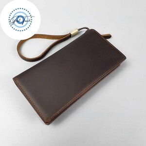 Cartera larga de cuero hecha a mano – Cartera vintage marrón con correa para la muñeca