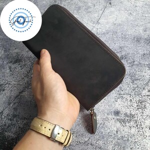 Cartera larga de cuero marrón hecha a mano: cartera vintage con cremallera para hombre y mujer