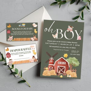 Inbjudan till babyshower med bondgårdsdjur | Redigerbar Canva-mall | Oh Boy-babyshower | Blöjlotteri | Digital nedladdningsinbjudan för ladugårdsbarn
