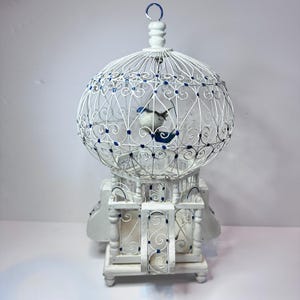 Vintage Victorian Wire Ballon Shaped Hanging Bird Cage White with Blue Accents