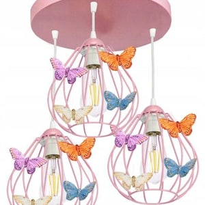 Pink Butterfly Ceiling Lamp for Girls Room – 3 Pendant Light Shades – Hanging Chandelier for Kids Bedroom – Adjustable Height – Cute Decor