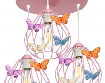 Pink Butterfly Ceiling Lamp for Girls Room – 3 Pendant Light Shades – Hanging Chandelier for Kids Bedroom – Adjustable Height – Cute Decor