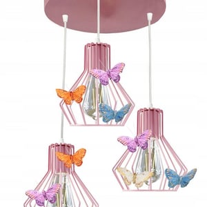 Pink Butterfly Ceiling Lamp for Girls Room – 3 Bell-Shaped Shades – Hanging Chandelier for Kids Bedroom – Adjustable Height – Cute Decor