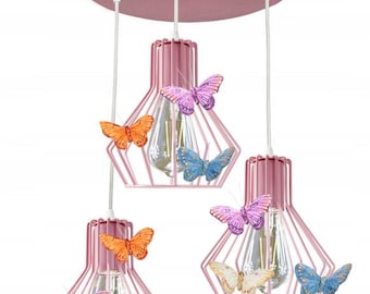 Pink Butterfly Ceiling Lamp for Girls Room – 3 Bell-Shaped Shades – Hanging Chandelier for Kids Bedroom – Adjustable Height – Cute Decor