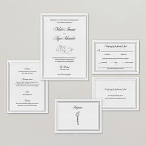 Könnte beinhalten: Eine Hochzeitseinladungssuite mit schwarzem Text auf weißem Karton. Die Haupteinladung zeigt die Namen Nikita Amani und Arya Askander, das Datum Samstag, der siebzehnte Mai, zweitausendfünfundzwanzig, um 15:00 Uhr, und den Ort The Belmar, New York, NY. Die RSVP-Karte enthält die Wahl zwischen Hühnchen, Fisch oder vegetarisch. Die Website für die Hochzeit ist www.theknot.com/nikitaarya.