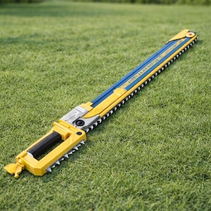 May include: A yellow and blue toy chainsaw lies on a bed of green grass. The toy has a yellow handle and blade guard, with a blue blade section. The saw teeth are silver. The toy is designed to look like a real chainsaw.