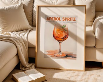 Impressão vibrante de Aperol Spritz – pôster de coquetel moderno, placa de bebida exclusiva, cartão de receita de coquetel