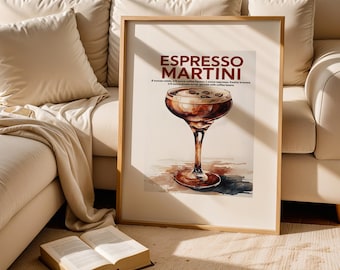 Espresso Martini Coffee Poster – Trendy Cocktail Art for Kitchen Wall Decor, Bar Cart Decor, Retro Watercolor Cocktail Recipe Art