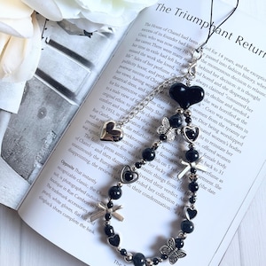Coquette Beaded Phone Strap – Black Aesthetic Charm with Butterfly, Heart & Bow, Cute Goth Bag Charm, Gift for Her, y2k