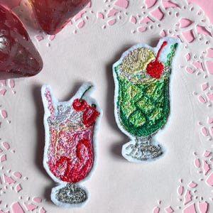 Set of 2 Handmade Embroidered Soda Float Patches – Strawberry Soda & Japanese Cream Soda Iron-On Appliqués, Kawaii Retro Café patches