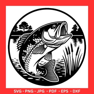 Bass Fish Lake svg Design File, Fish Jumping svg Cut File, Lake Scene svg for Cricut, Fishing Lover svg Digital File, Laser Ready Design