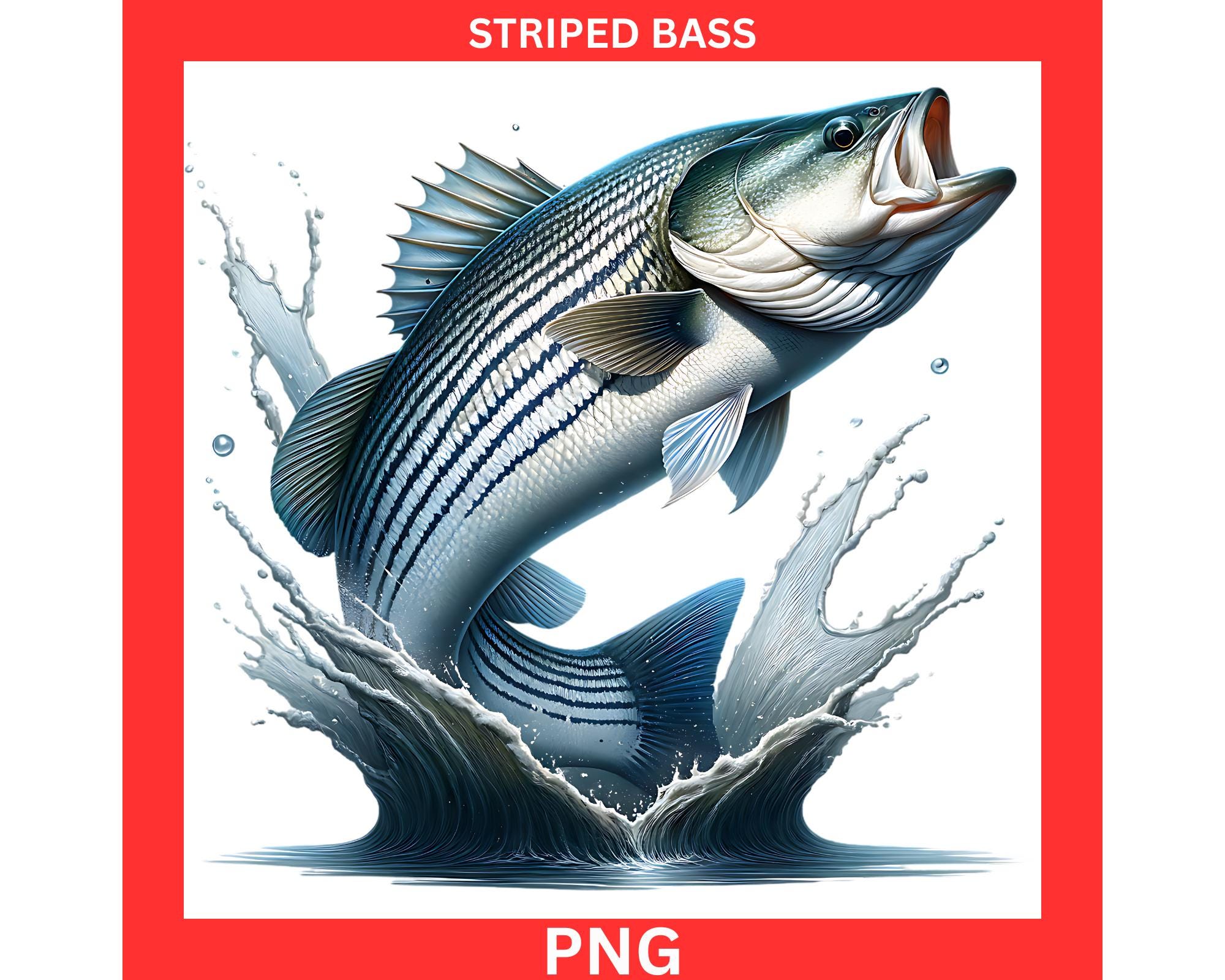Striped Bass Fish Sublimation, Striped Bass PNG, Bass Shirt Design, Striped Bass Jumping Out Of Lake PNG, Bass PNG, Bass Fish Graphic Design