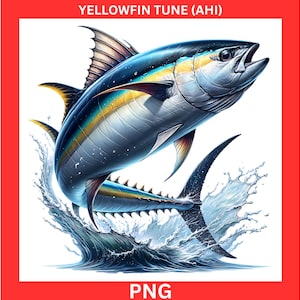 Yellowfin Tuna AHI Fish Jumping PNG, Ocean Fishing Design PNG, Deep Sea Tuna Clipart, Saltwater Fish Leaping Clipart, Digital Download