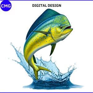 May include: Digital design of a Mahi-Mahi fish leaping from water. The fish is yellow and green with blue fins. The image includes text that reads "COMMERCIAL AND PERSONAL USE", "DIGITAL DESIGN", and "PNG DESIGN".