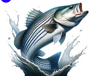 Striped Bass Fish Sublimation, Striped Bass PNG, Bass Shirt Design, Striped Bass Jumping Out Of Lake PNG, Bass PNG, Bass Fish Graphic Design