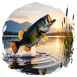 Big Mouth Bass Lake View PNG, Bass Fish Thrashing PNG Digital Design, Largemouth Bass Jumping Artwork, Sublimated Fishing Graphic Download