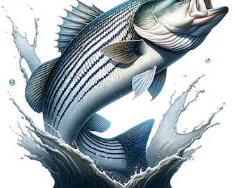 Sublimatie van een gestreepte zeebaars, grafisch ontwerp van een springend meer met vismotief, digitale downloadbare clipart van een visser.