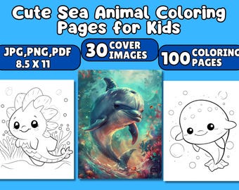 Cute Sea Animal Coloring Page | Fish PNG Summer SVG for Kid Whale Under the Sea Outline Seahorse Pearl Starfish Flounder Stingray Seaweed