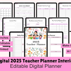 Op de afbeelding: Digitale 2025 Teacher Planner met 60 sjablonen. De planner bevat een kalender, lesplannen en studentencontactlijsten. De planner is 21,6 x 27,9 cm en Canva bewerkbaar. De omslag toont een aquarel illustratie van kinderen en bloemen.