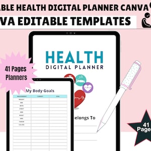 May include: Digital health planner template with the text "HEALTH DIGITAL PLANNER" on a tablet screen. A smaller tablet displays a "My Body Goals" chart. A pen and graphics are also included. The image also includes the text "41 Pages Planners".