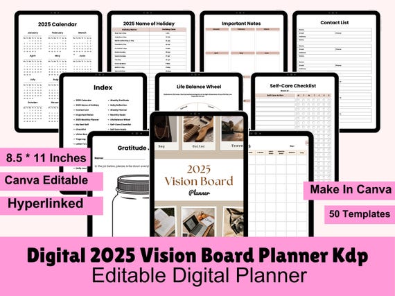 2025 Vision Board Planner, Editable Canva Template for KDP, Goal Setting, Manifestation, Personal Growth, Productivity, Self-Care