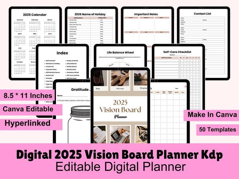 May include: Digital 2025 Vision Board Planner Kdp with 50 templates. The planner includes a calendar, holiday list, and self-care checklist. The planner is 8.5 x 11 inches and Canva editable.