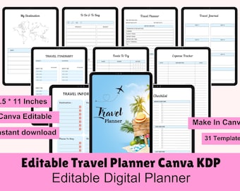 2025 Travel Planner Editable Canva KDP Travel Planner Editable Templates for Journal 8.5x11" inch or Canva printable also used as KDP