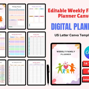 以下が含まれることがあります： USレターサイズ（21.6 x 27.9 cm）向けに設計された、14個のテンプレートを備えたデジタル週間ファミリープランナーテンプレート。プランナーは、家族のグラフィックとCanvaのロゴを備えたカラフルなデザインが特徴です。「Weekly Family Planner」と「Digital Planner」というテキストが含まれています。