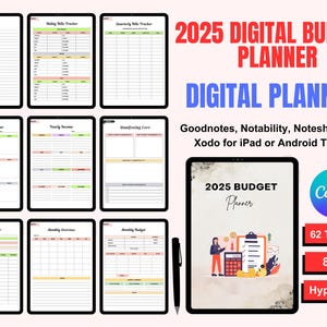 Pode incluir: Um planejador de orçamento digital para 2025, projetado para tablets iPad e Android. A imagem mostra vários modelos de rastreamento de orçamento, incluindo contas bancárias e receitas. O planejador tem 21,59 x 27,94 cm e é hiperlinkado, com 62 modelos.