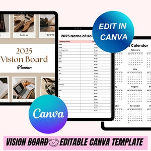 May include: Digital vision board planner template for 2025, featuring a calendar, holiday list, and vision board layout. The design includes images of a guitar, travel, and other lifestyle elements. The template is editable in Canva.