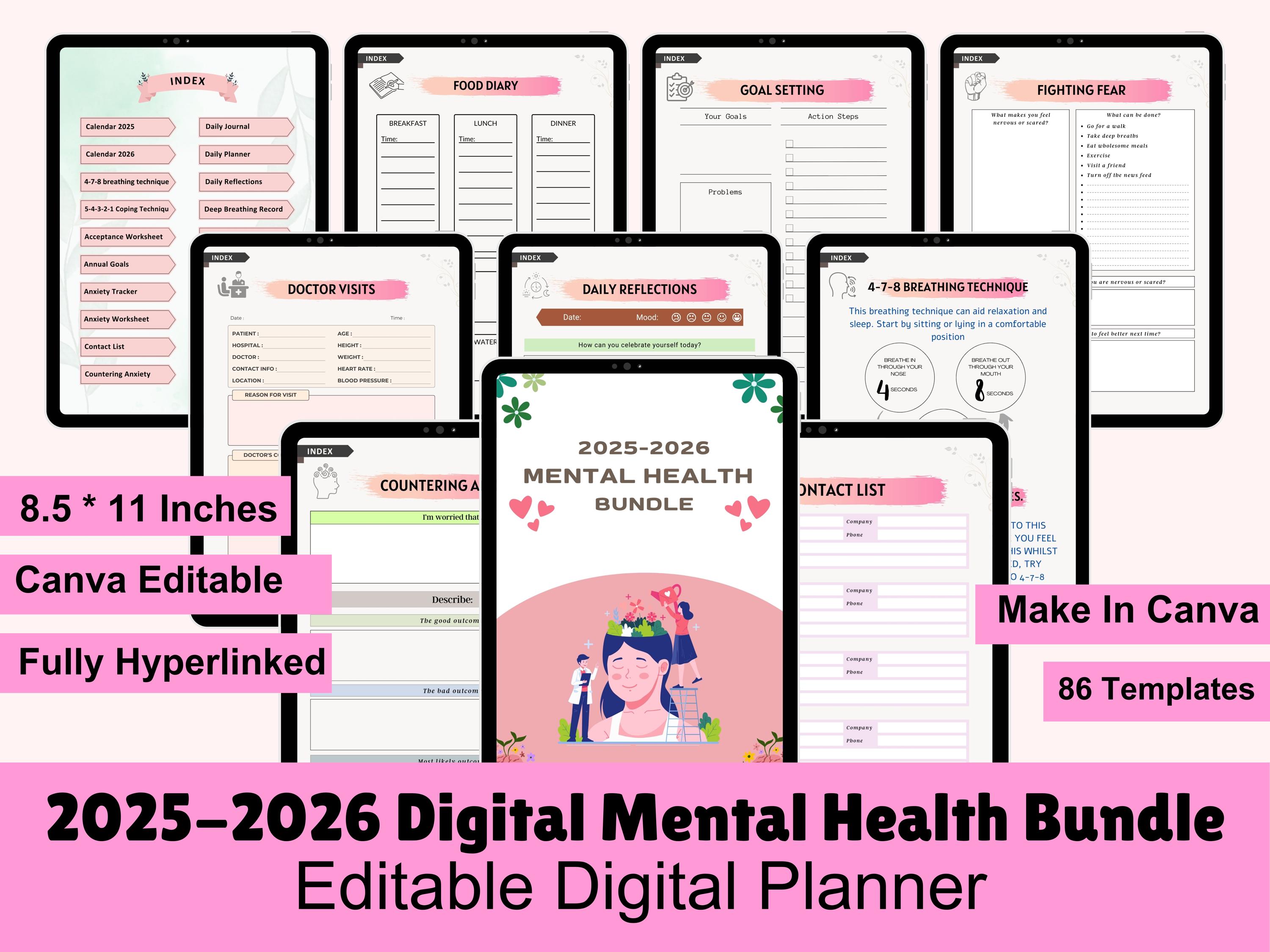 2025 Mental Health Planner Bundle, Self-Care Digital Journal, Printable Therapy and Wellness Templates, Mental Health Planner, Mental Health