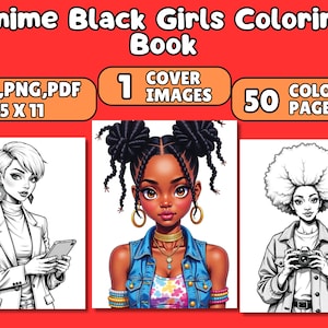 Anime Black Girls Coloring Book, Manga Anime Black Girl, Fantasy Anime Coloring Pages for Adults & Children, Instant Download, Printable PDF