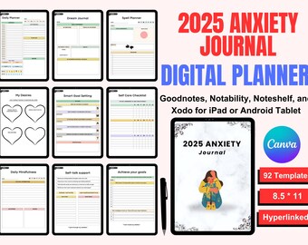 Diario de ansiedad 2025 / Planificador de salud mental 2025 / Rastreador de estado de ánimo digital / Diario de cuidado personal / Plantilla A4 editable de 62 páginas