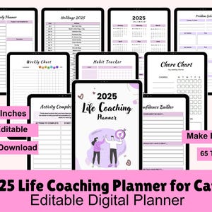 Könnte beinhalten: Ein digitaler 2025 Life Coaching Planner mit 65 Vorlagen, entworfen für Canva. Der Planer enthält tägliche, wöchentliche und Gewohnheits-Tracker sowie Problem- und Aufgaben-Charts. Der Planer ist 21,6 x 27,9 cm groß.