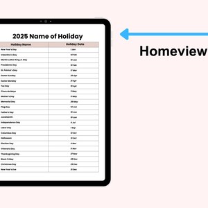 May include: A black tablet displays a 2025 holiday calendar. The table lists holidays like New Year's Day, Valentine's Day, and Independence Day with their corresponding dates. The tablet is set against a light pink background.
