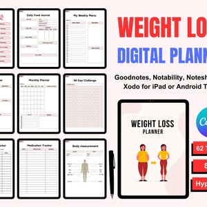 Digital viktminskningsdagbok, digital planerare, iPad-planerare, GoodNotes-planerare, fitnessplanerare, träningsplanerare, måltidsplanerare, viktmätare