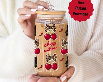 Cherry Vibes Cat Glass Can Wrap | 16oz Cup Wrap | Digital Download