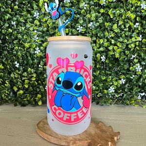Stitch Frosted Glass Can: Kawaii Starbucks-Inspired Tumbler with Bamboo Lid
